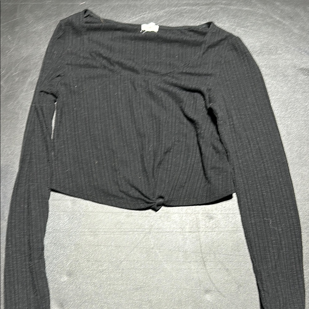 Garage Black Ribbed Tie Front Blouse